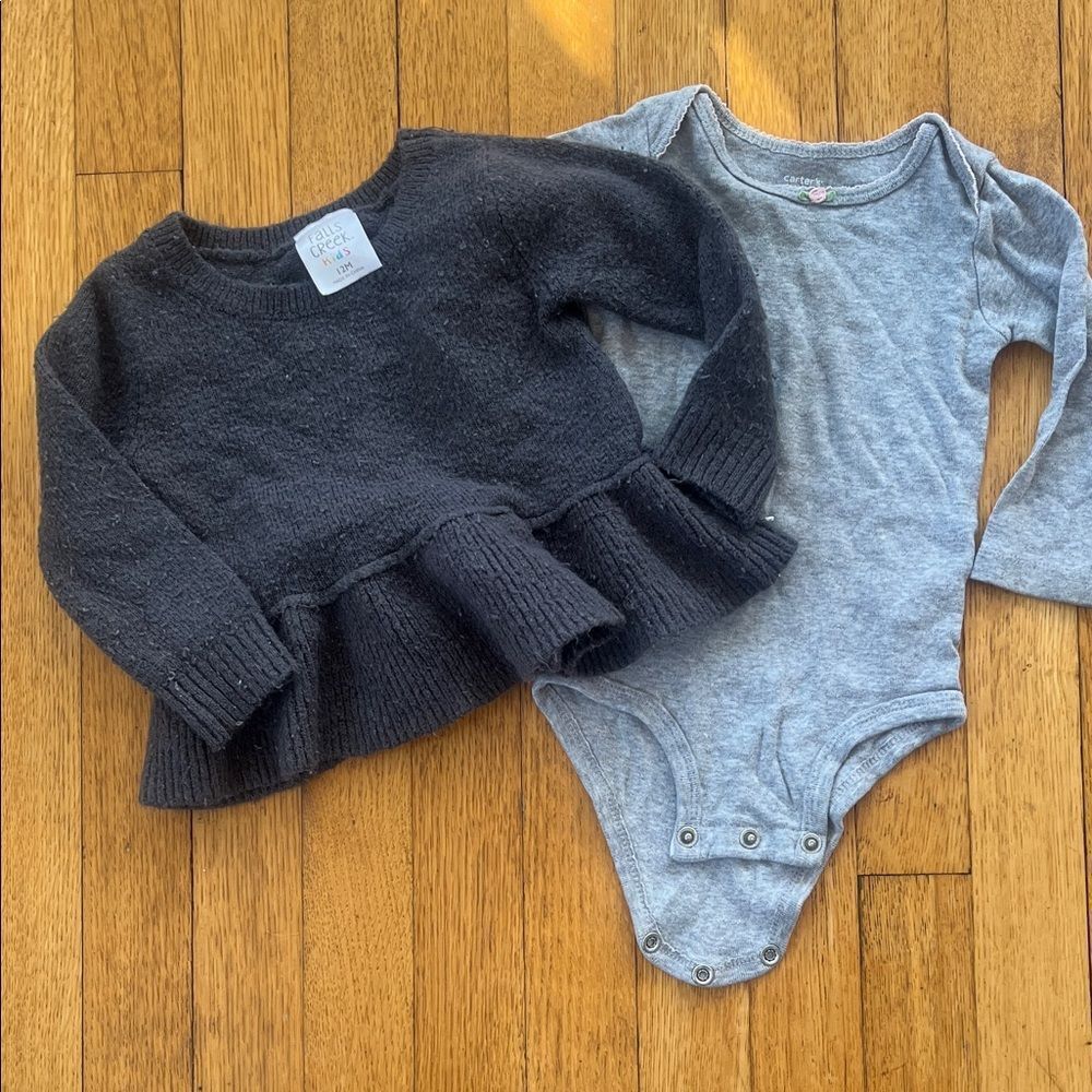 Black Peplum Sweater and Gray Bodysuit Set